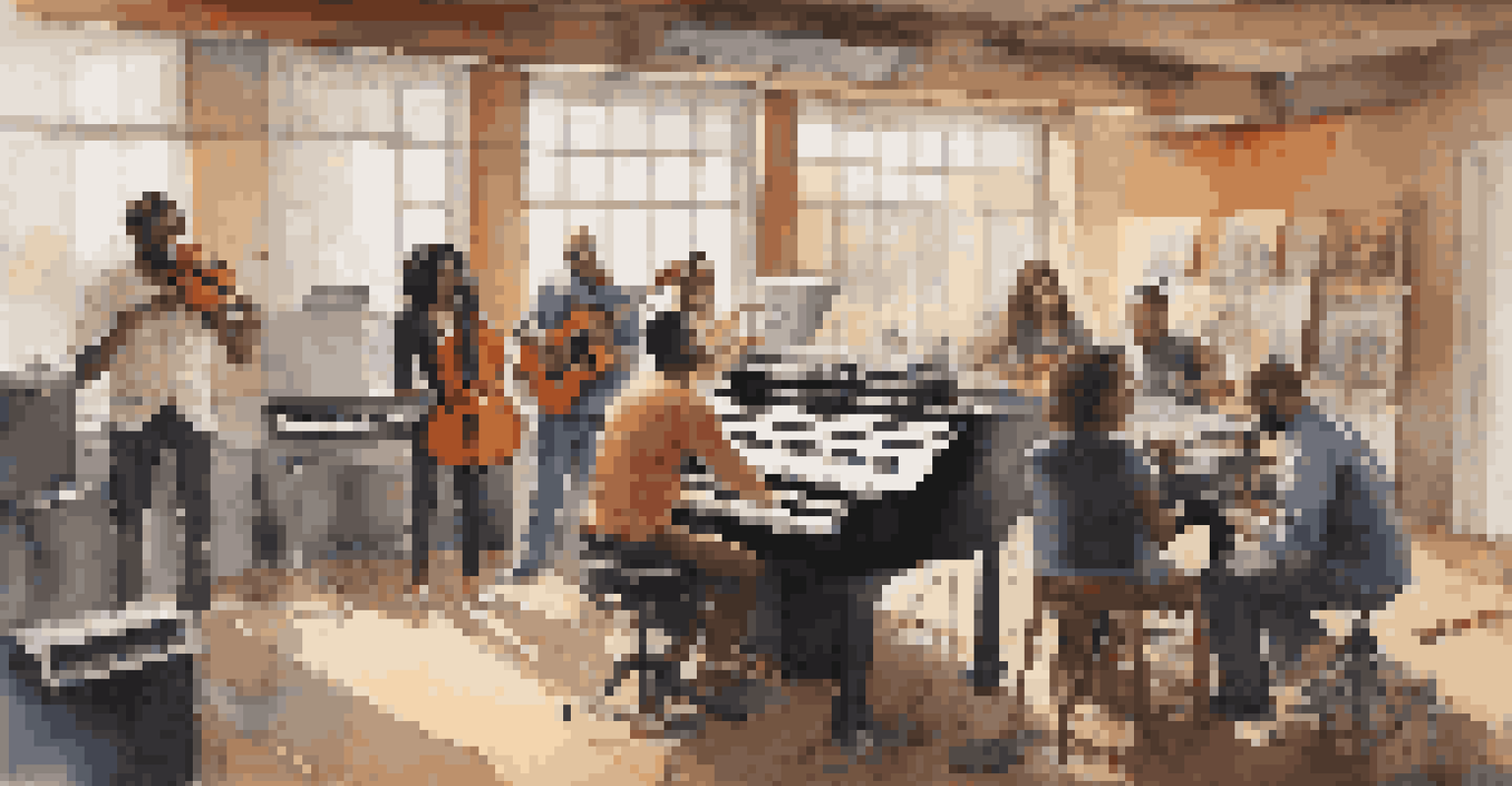 A group of musicians working together in a contemporary recording studio, with instruments and a mixing console, illuminated by natural light from large windows.