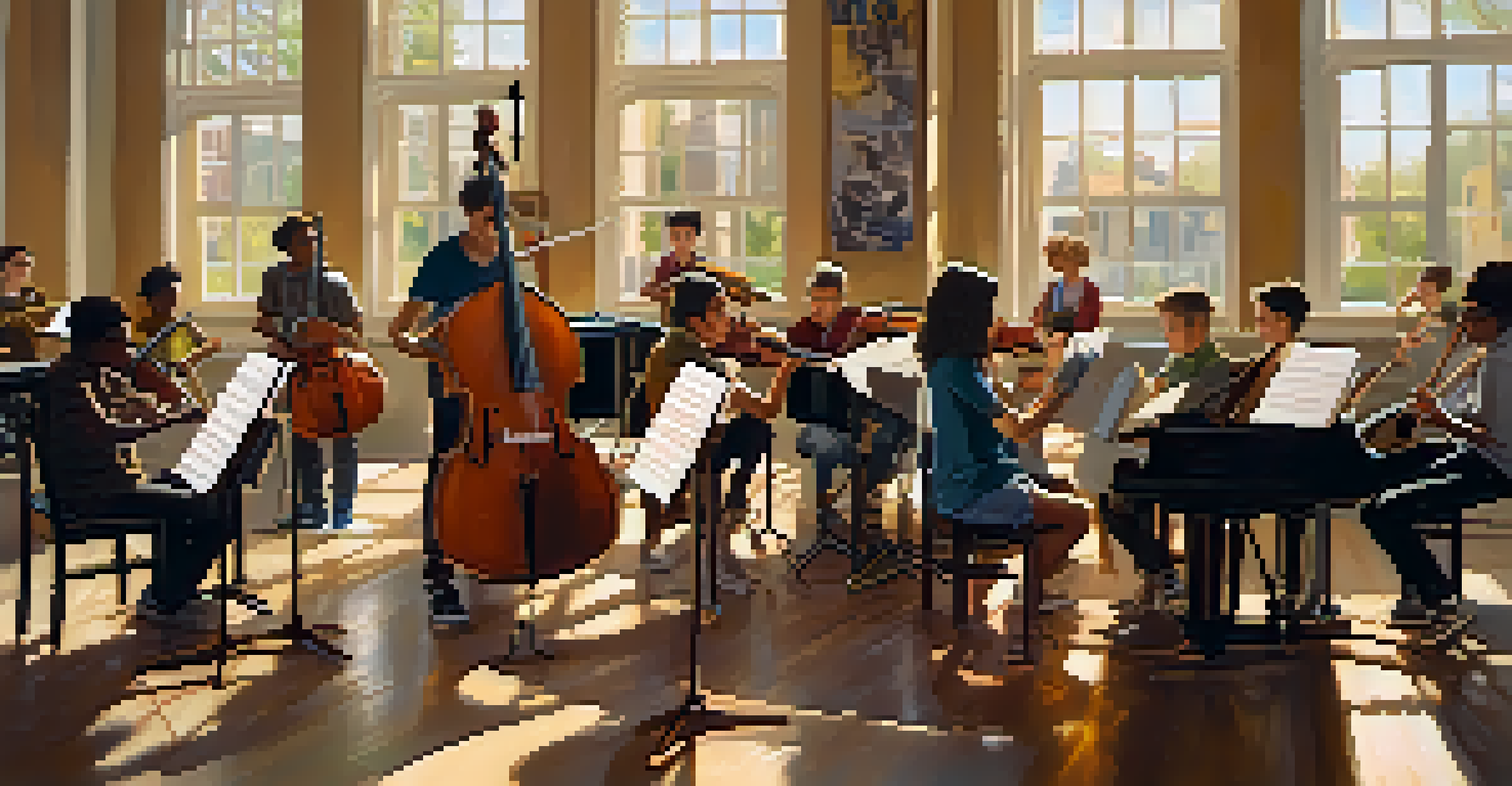 A group of young musicians collaborating in a community center with instruments and sheet music, illuminated by sunlight from large windows.