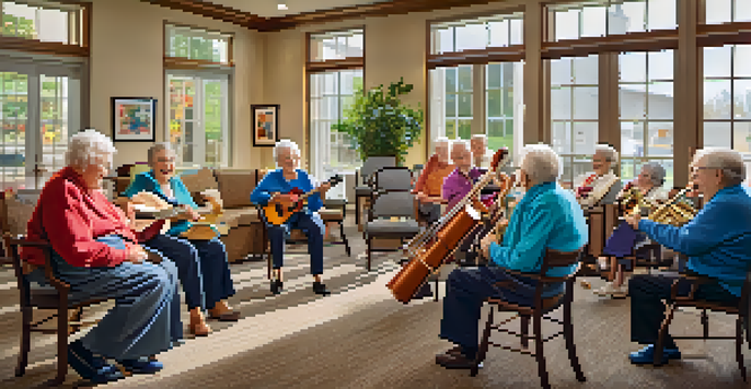 A group of happy seniors participating in a sing-along in a bright, inviting common area filled with musical instruments.