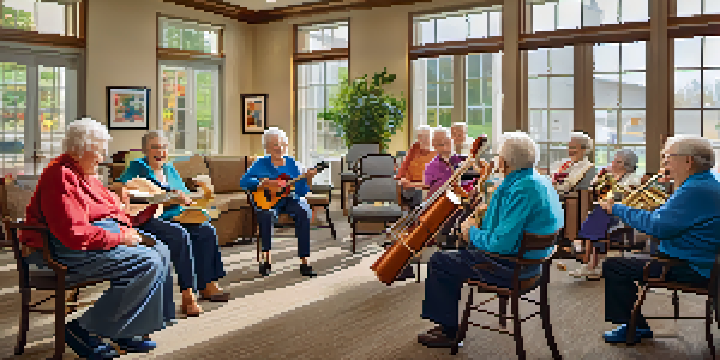 A group of happy seniors participating in a sing-along in a bright, inviting common area filled with musical instruments.