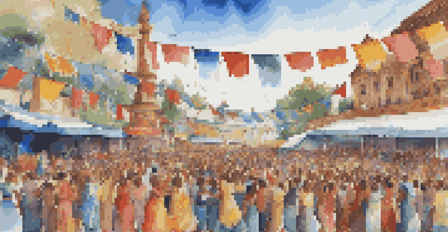 A lively festival scene with people dancing to a mix of musical genres, surrounded by colorful decorations and musicians on stage.