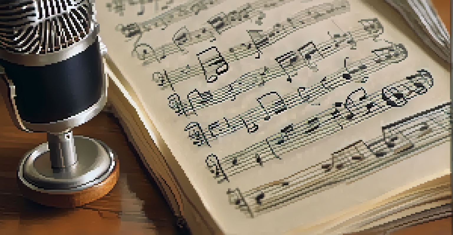 A close-up of a handwritten song lyric notebook, with musical notes and a vintage microphone in the background.