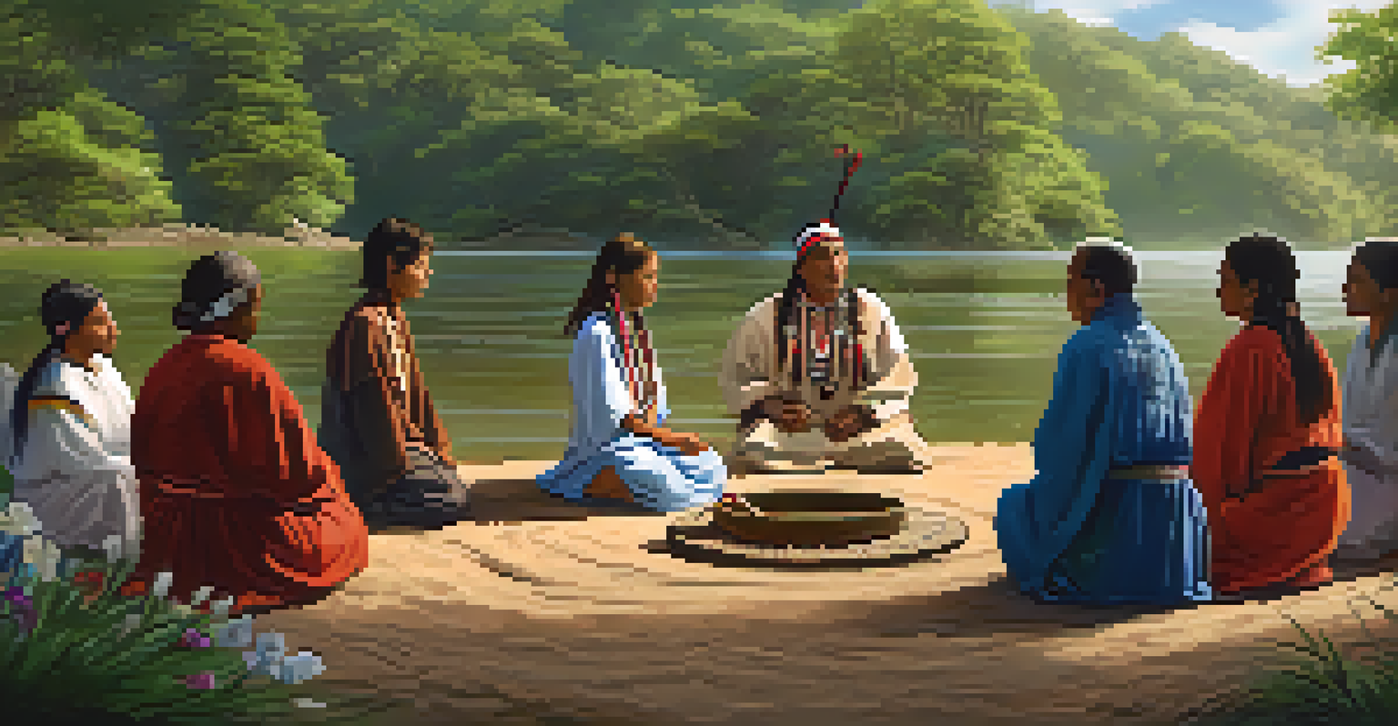 A shaman leading a traditional healing ceremony by a riverbank, using music and drumming, with community members sitting in a circle around them.