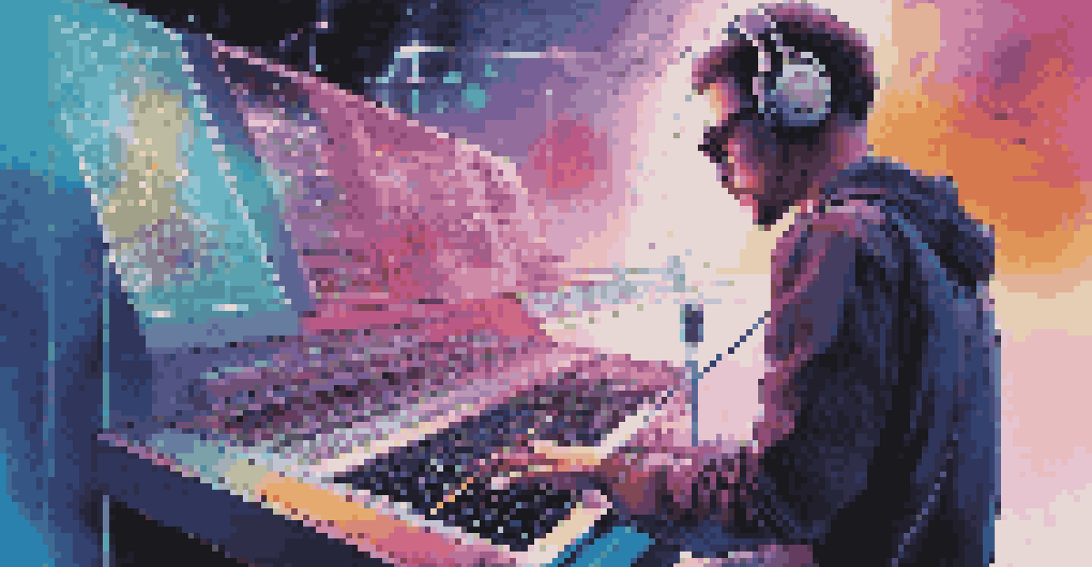A musician interacting with a futuristic AI music creation interface featuring holographic sound waves and digital instruments.