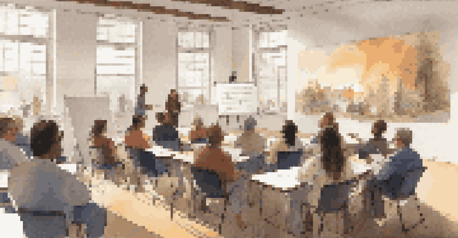 An instructor presenting music policy topics to a group of engaged artists in a bright workshop setting.