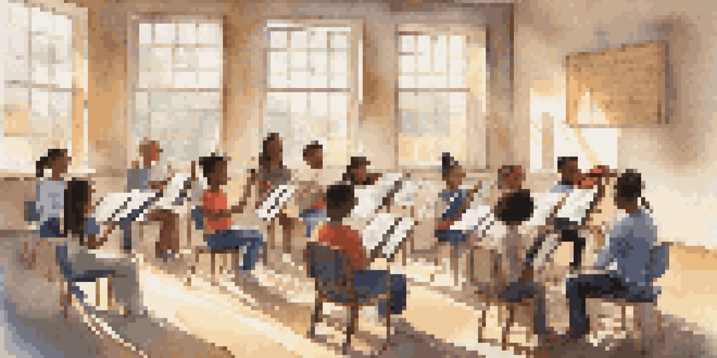 A music classroom with students and a teacher demonstrating a vocal exercise, surrounded by musical instruments and sunlight.