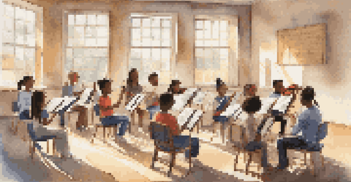 A music classroom with students and a teacher demonstrating a vocal exercise, surrounded by musical instruments and sunlight.