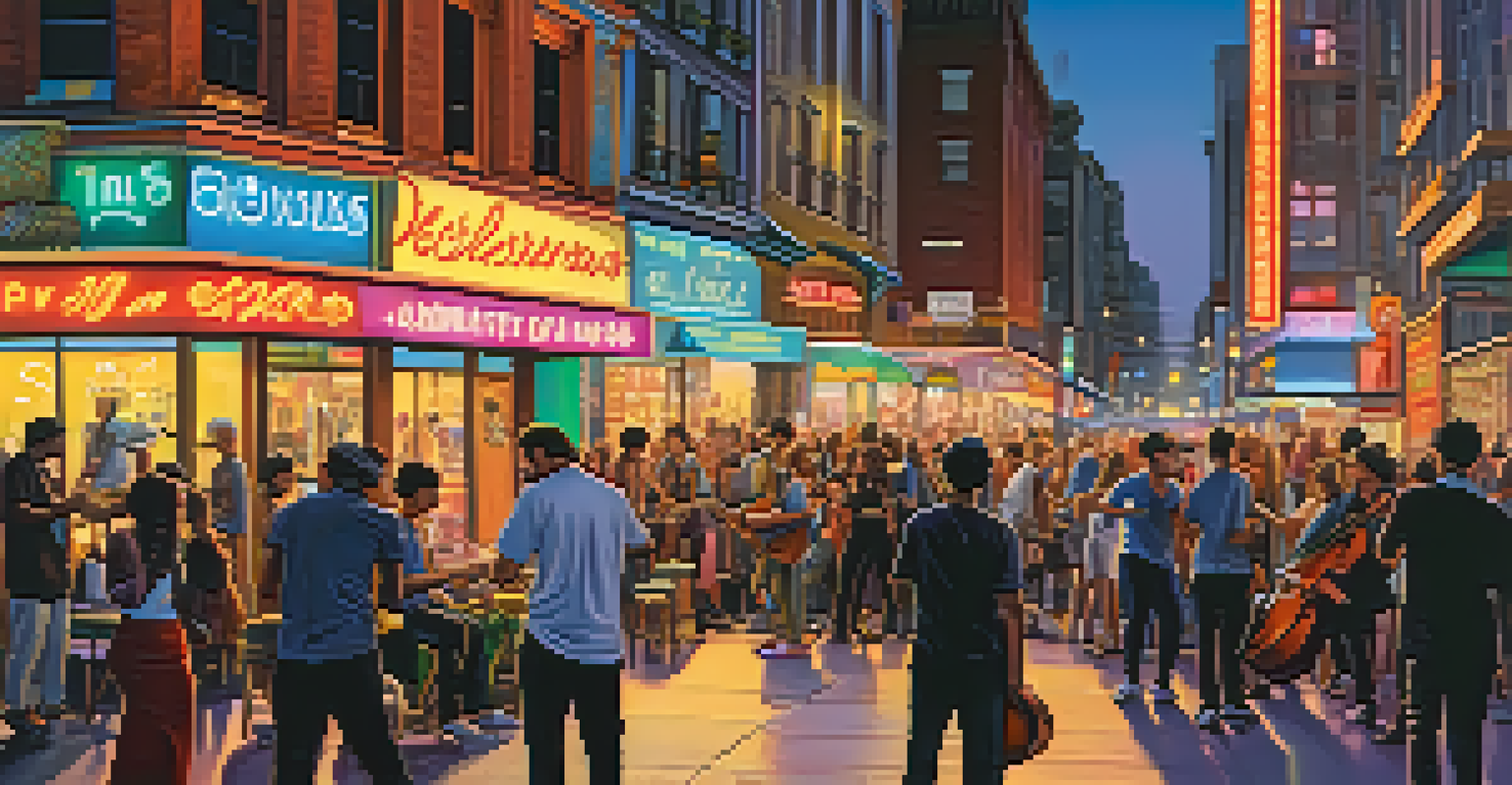 A lively city street at dusk with neon lights, people, and street musicians creating a vibrant urban atmosphere.