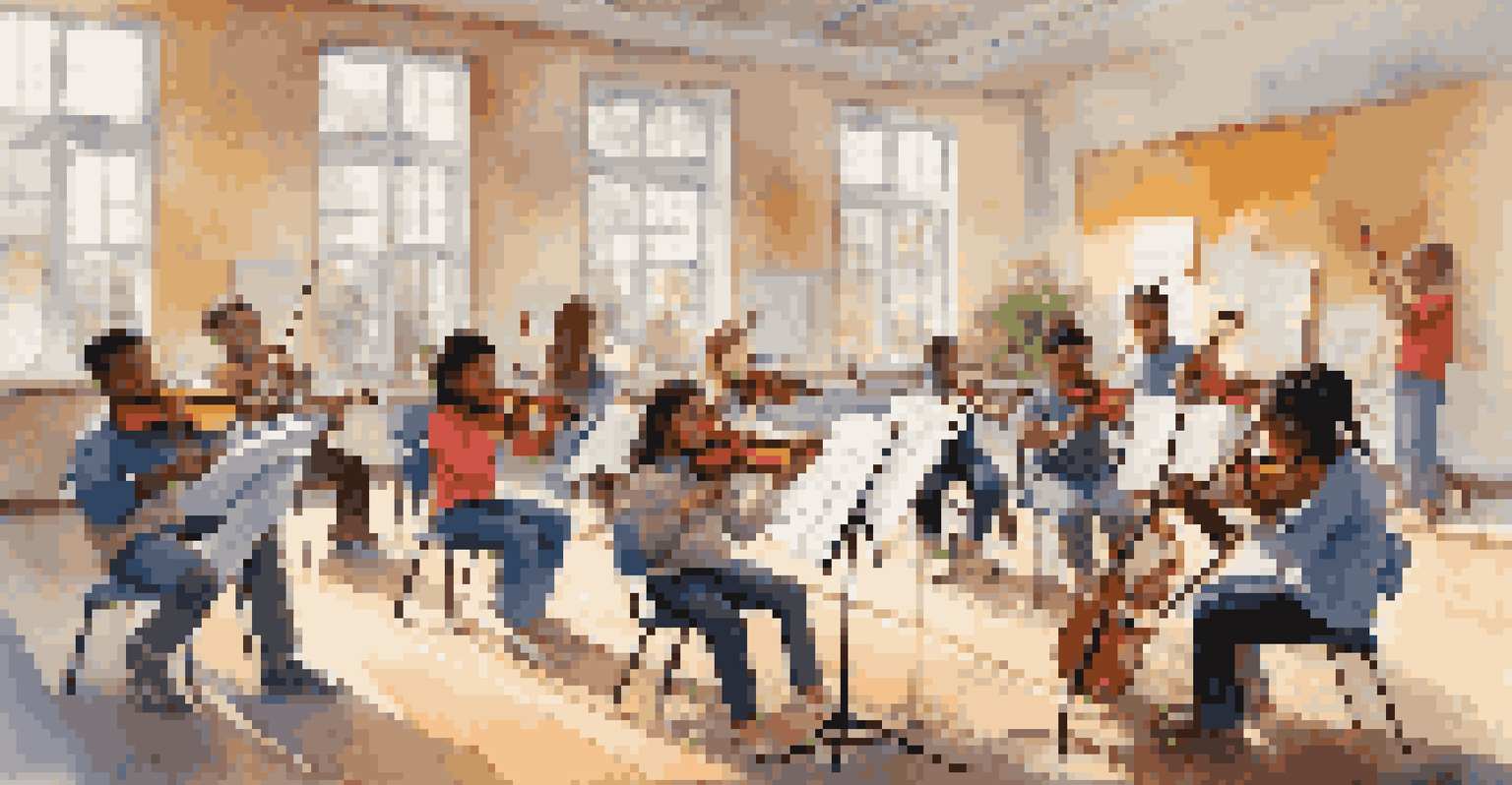 A youth orchestra rehearsal with diverse children playing instruments in a bright community center, showcasing their focus and creativity.