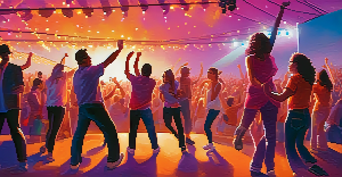 A lively outdoor concert with a diverse crowd dancing, colorful lights illuminating the stage, and a sunset sky in warm hues.