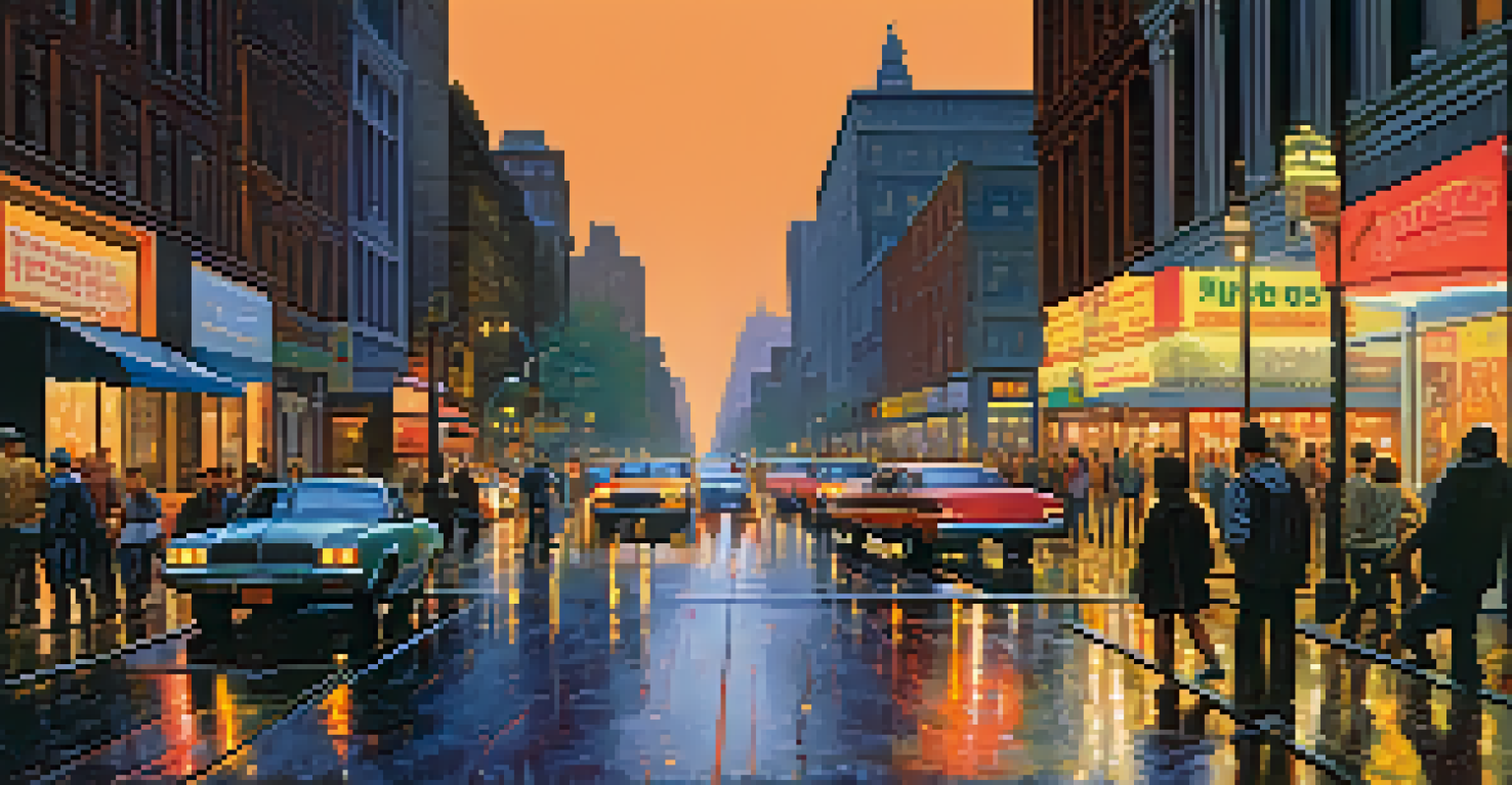 A vibrant city street at twilight with glowing streetlights and reflections on wet pavement, bustling with people.