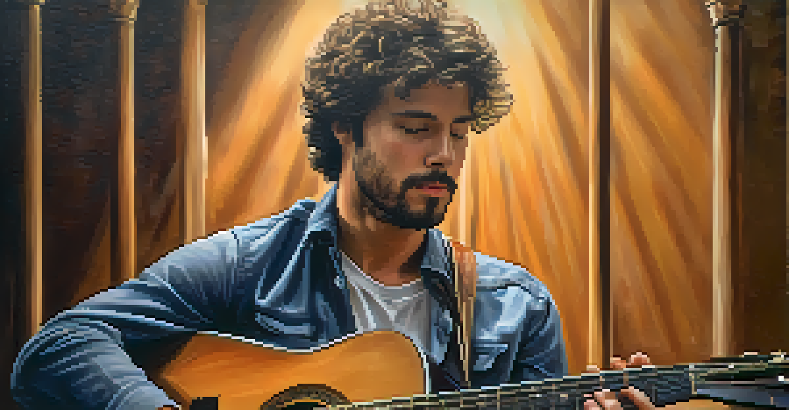 A musician playing an acoustic guitar with visible passion in a warm and intimate setting.