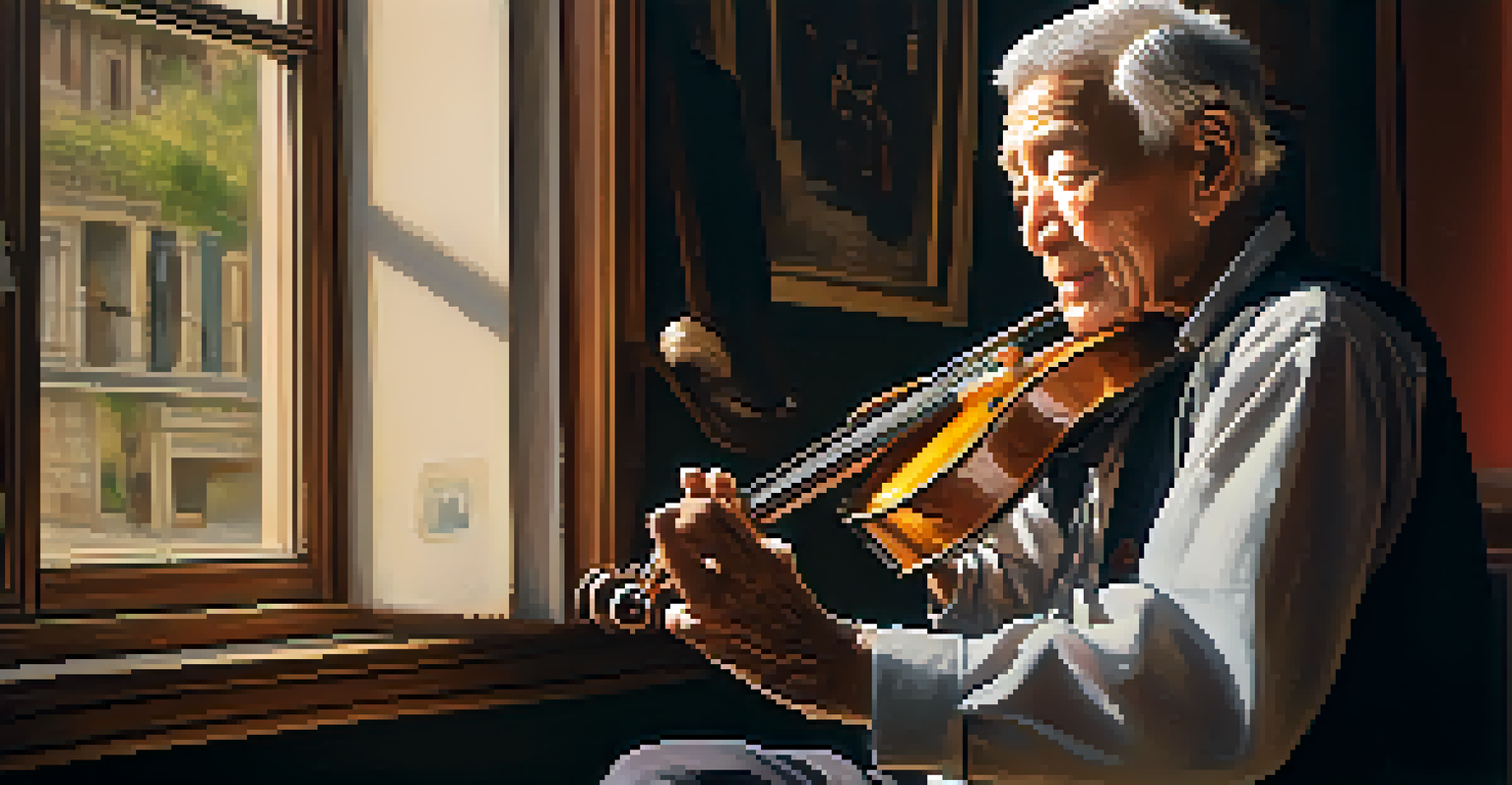 An elderly musician playing a traditional string instrument in a room filled with cultural artifacts, illuminated by soft warm light.