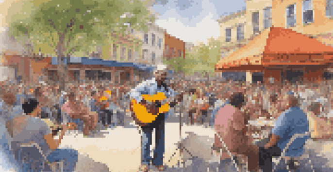 A street musician playing acoustic guitar in a busy city square, with a diverse crowd enjoying the performance under sunlight filtering through trees.