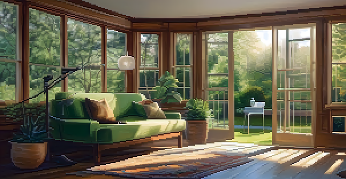 A musician playing an acoustic guitar by a sunlit window, with a garden visible outside.