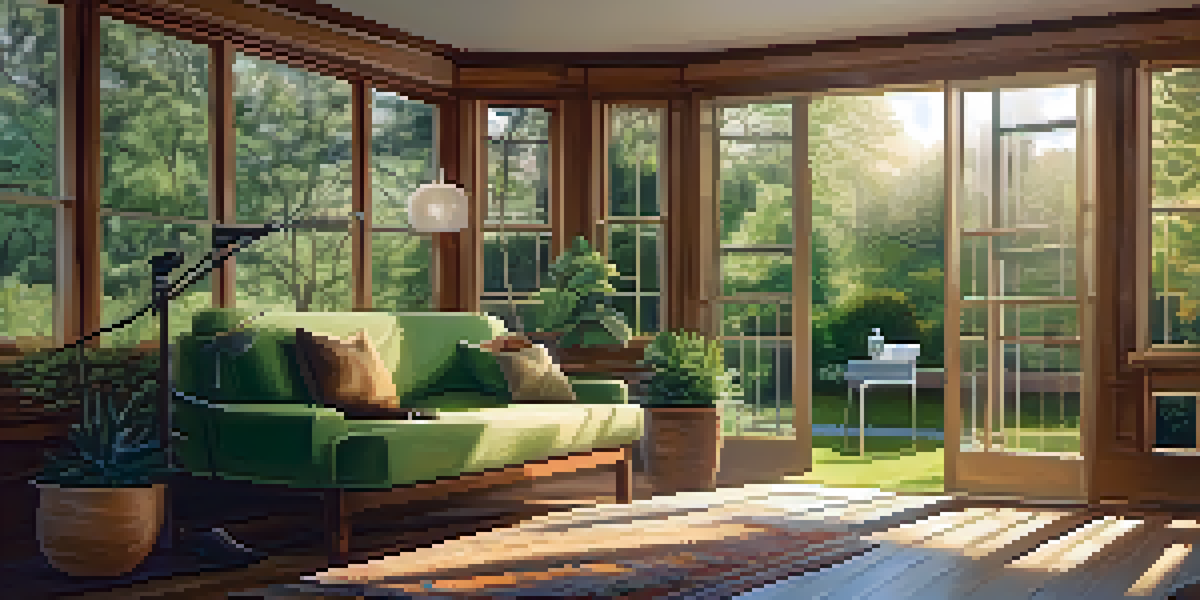 A musician playing an acoustic guitar by a sunlit window, with a garden visible outside.