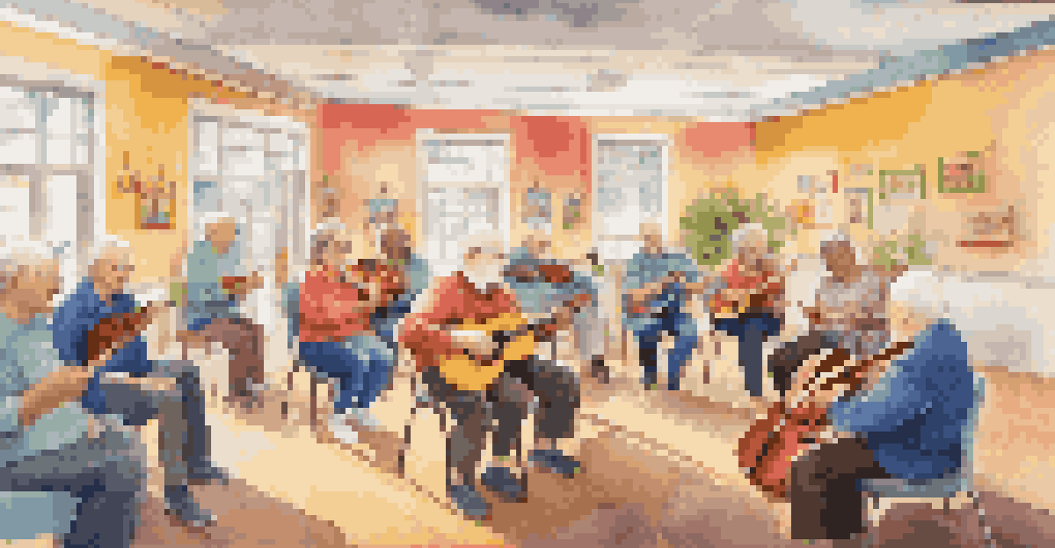 Seniors participating in a lively music therapy session in a colorful community space.