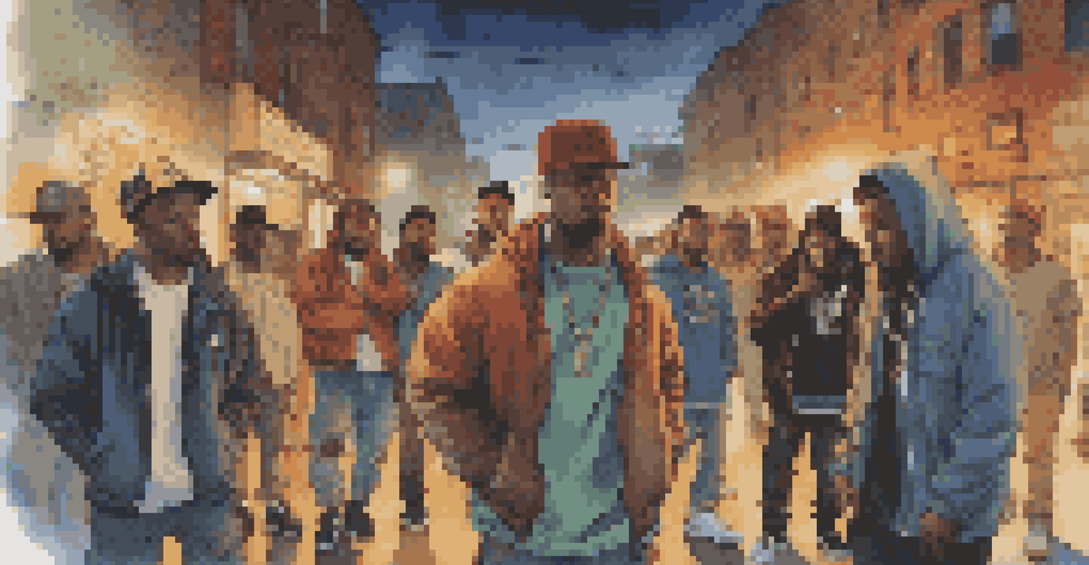 A group of diverse hip-hop artists in a cypher, illuminated by streetlights, emphasizing community and storytelling.