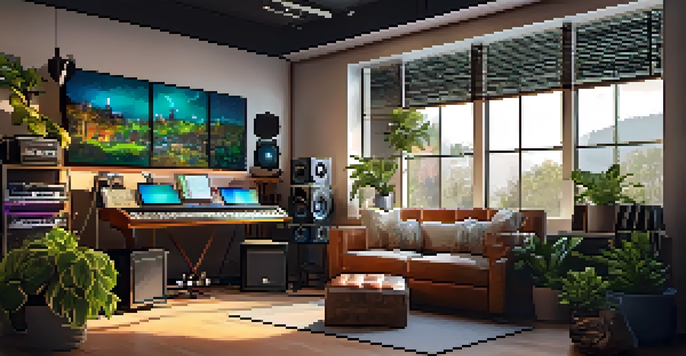 A bright and cozy home music studio featuring various musical instruments, a computer with a music production screen, and warm lighting.