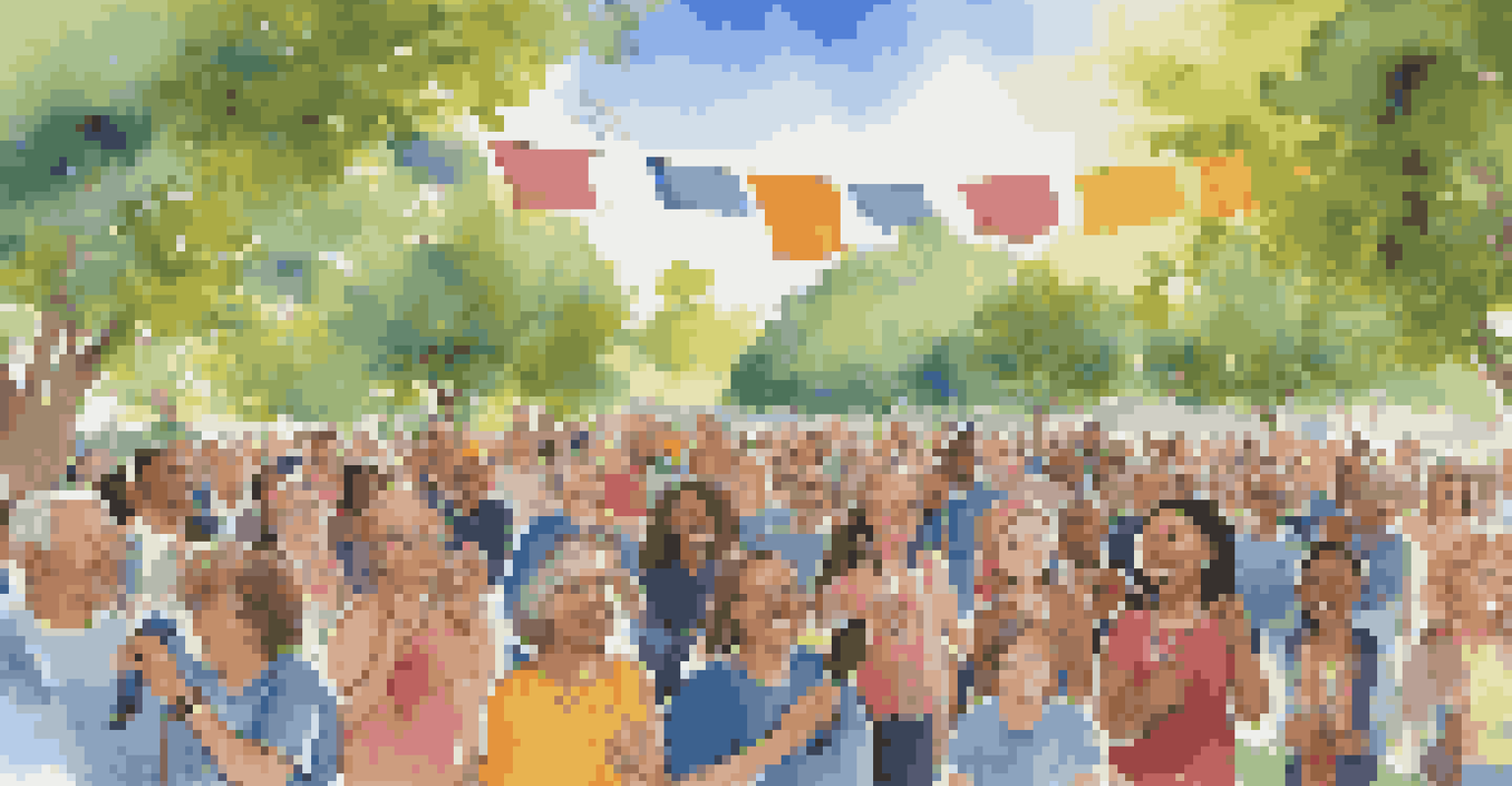 A diverse group of people singing in a community choir in a sunny park, surrounded by trees and musical instruments.