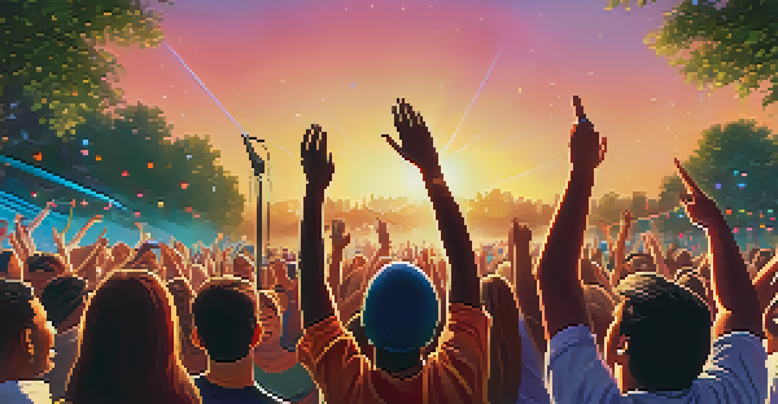 A lively outdoor concert at sunset with a diverse audience enjoying the performance, surrounded by trees and colorful stage lights.