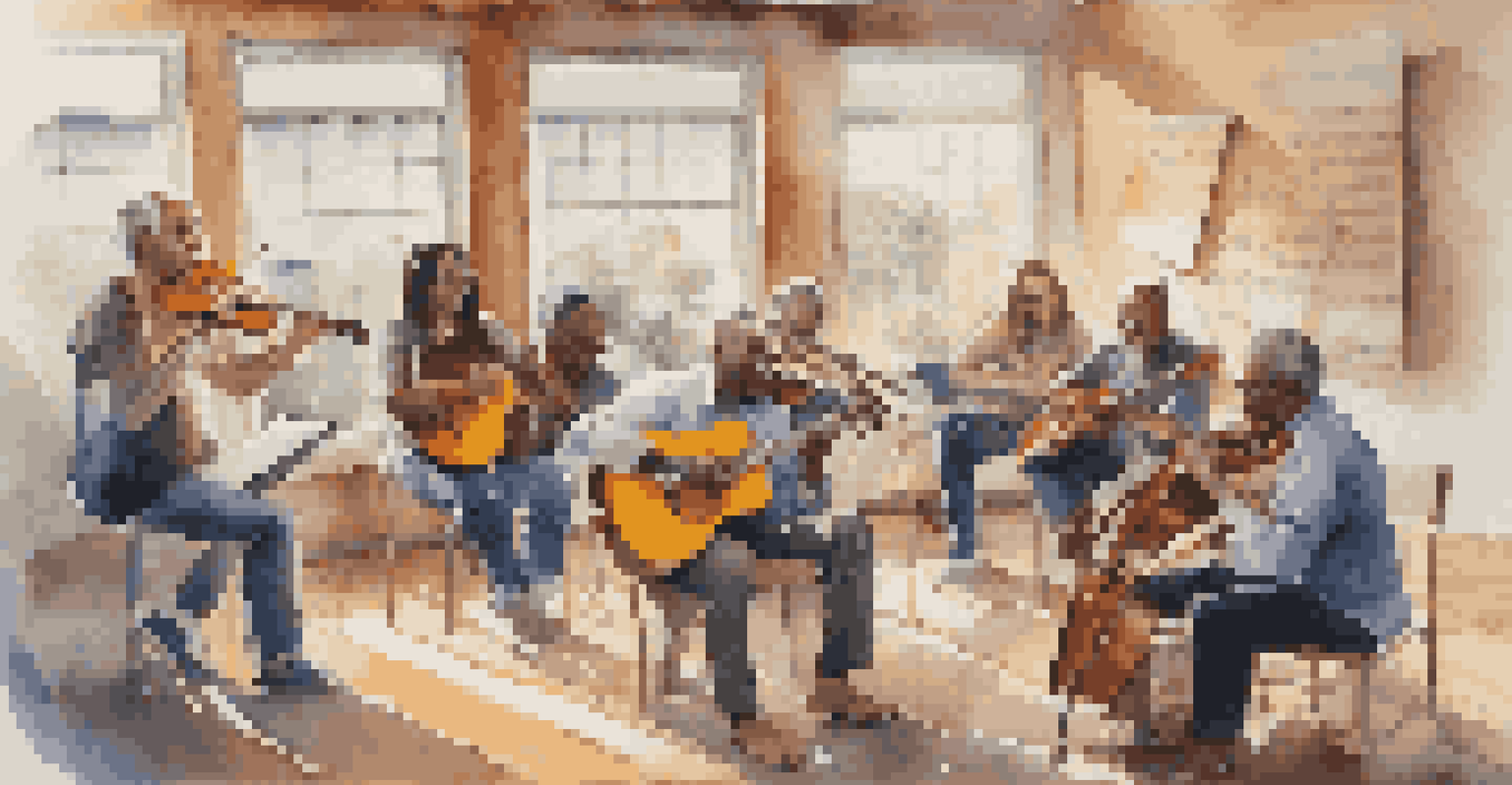 A diverse group of musicians collaborating in a bright community center, surrounded by instruments and music sheets.