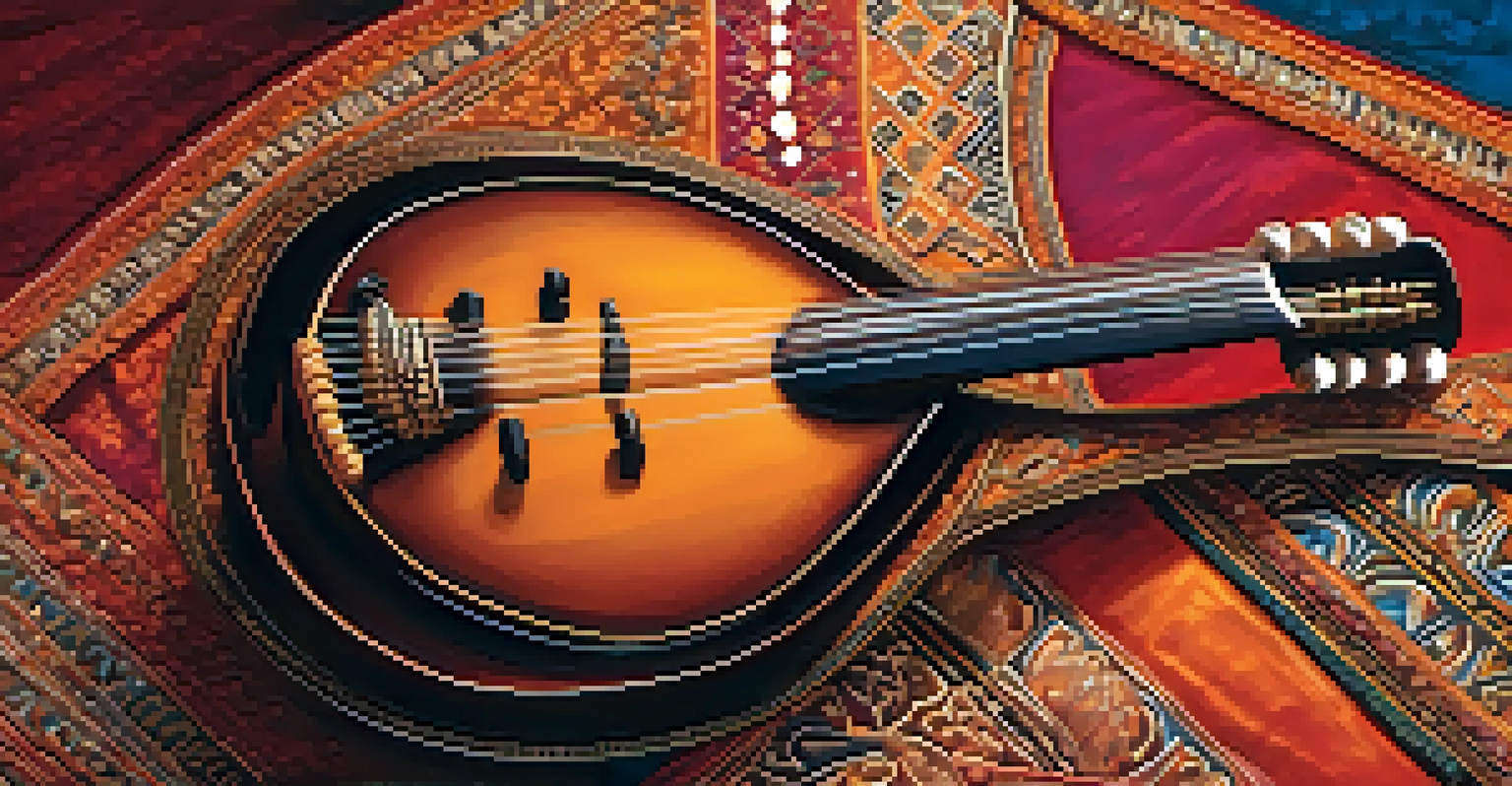 A close-up view of a sitar with detailed carvings, set against colorful Indian textiles.