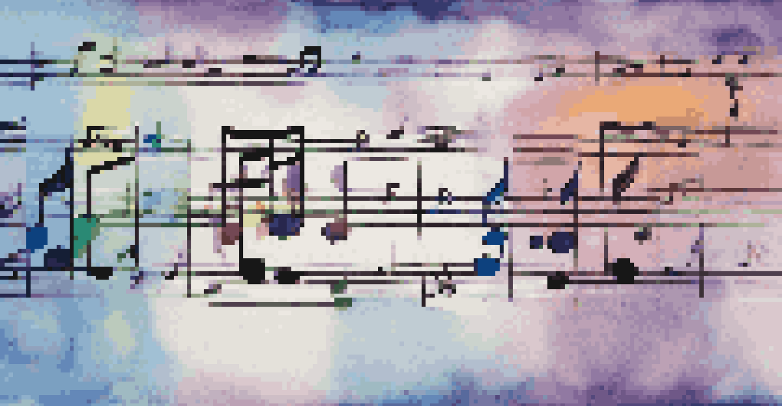 A colorful illustration of musical notes on a staff, representing various chord voicings with a gradient background.