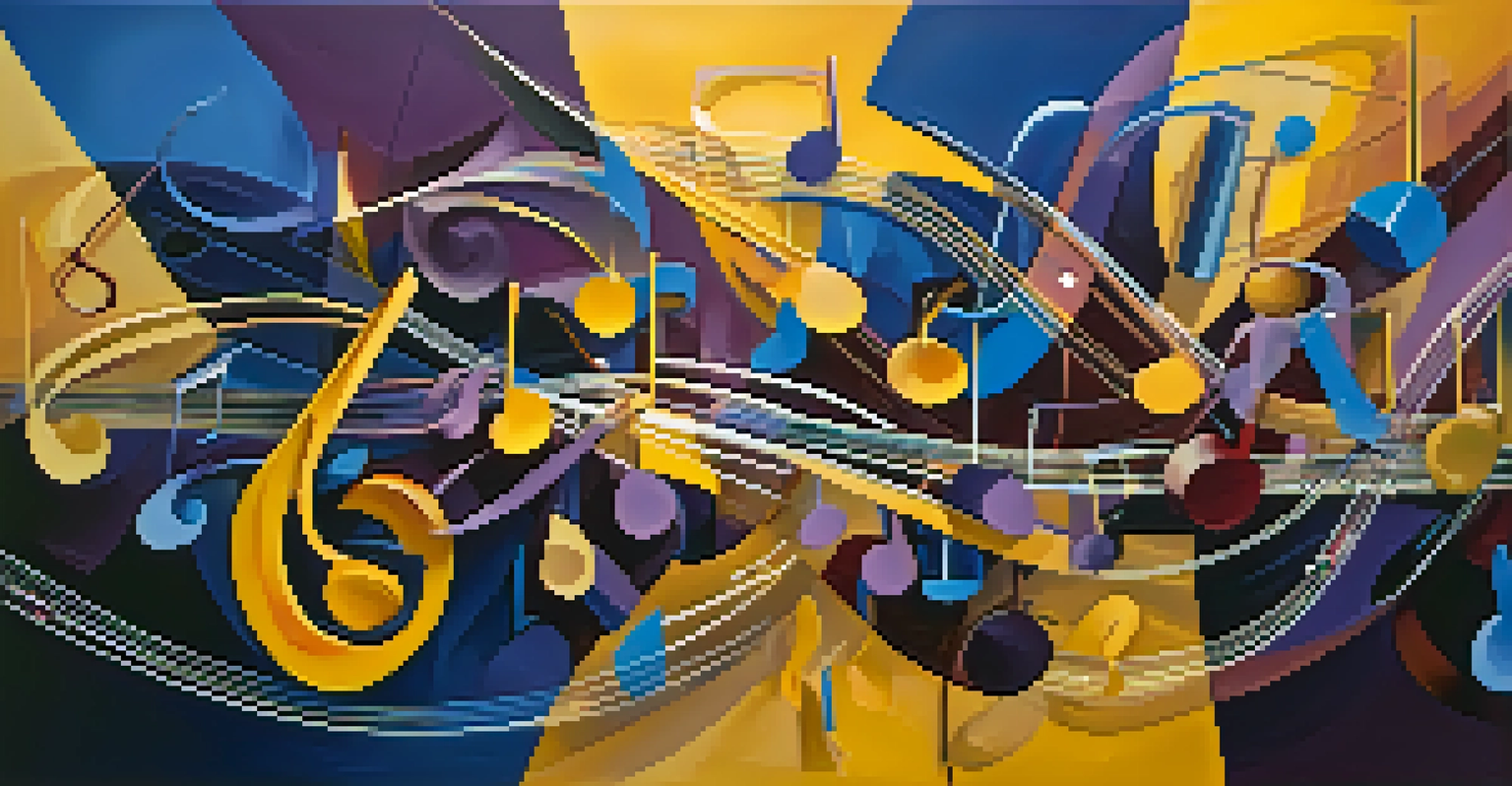 An abstract image of musical notes and symbols swirling in deep blues, purples, and yellows, representing rhythm and harmony.