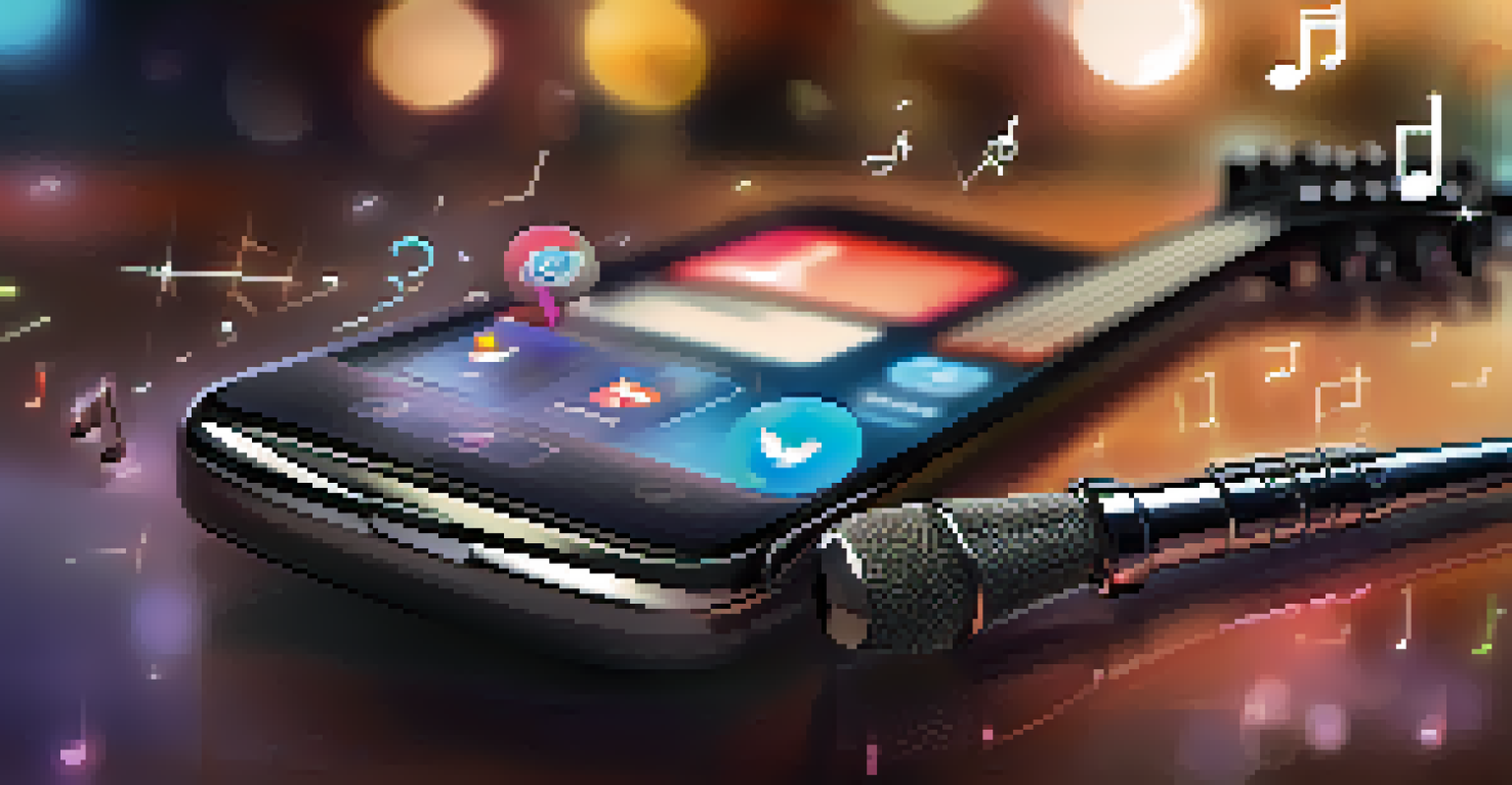 A close-up of a smartphone showing social media notifications, surrounded by musical instruments.