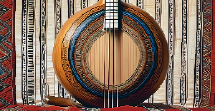 A detailed close-up of a Kora instrument, highlighting its strings and gourd, set against a softly lit background with traditional West African textiles.