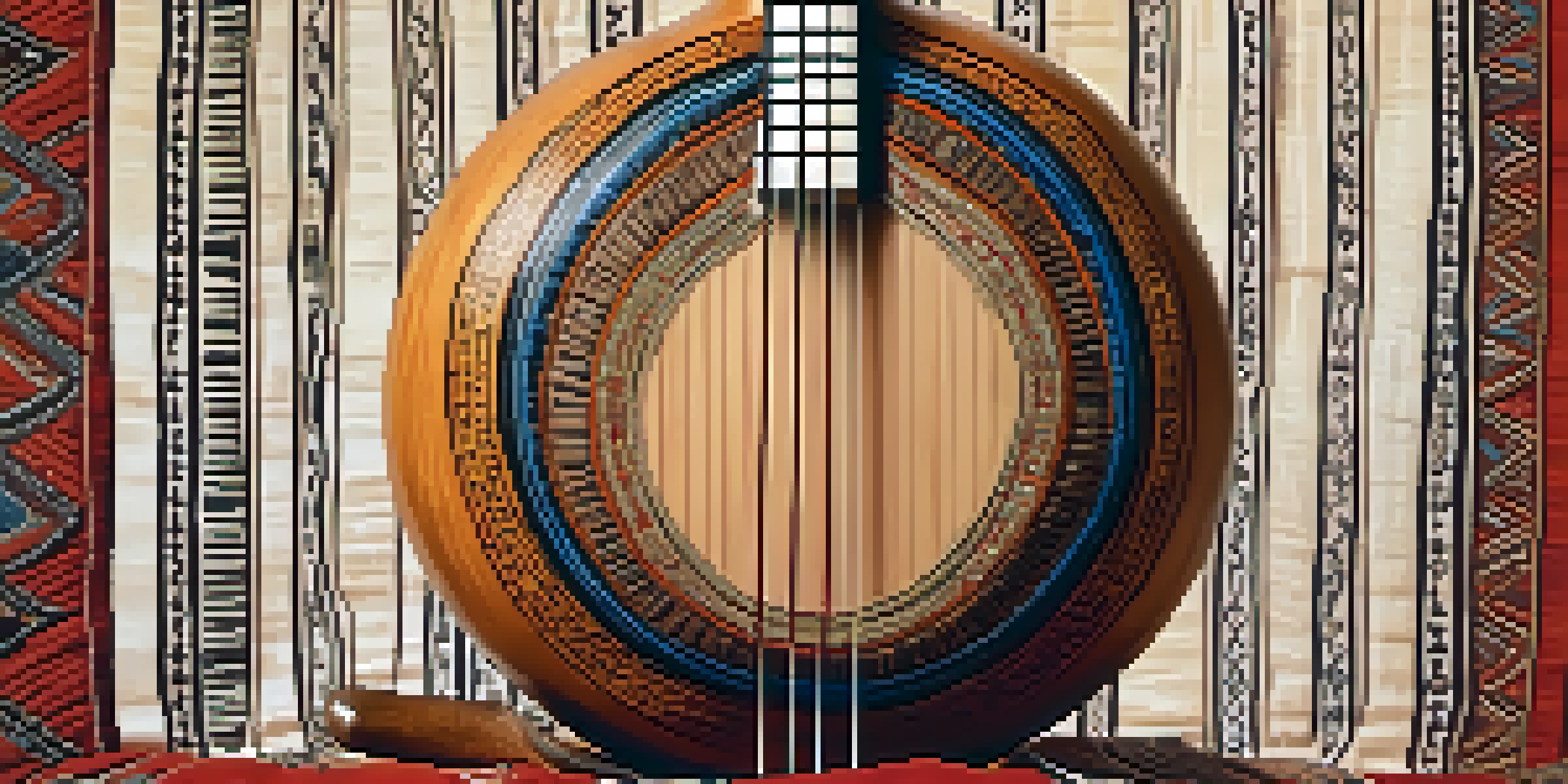 A detailed close-up of a Kora instrument, highlighting its strings and gourd, set against a softly lit background with traditional West African textiles.