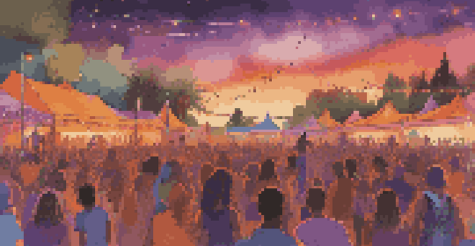 A lively music festival at sunset with a diverse crowd enjoying performances and colorful stage lights.