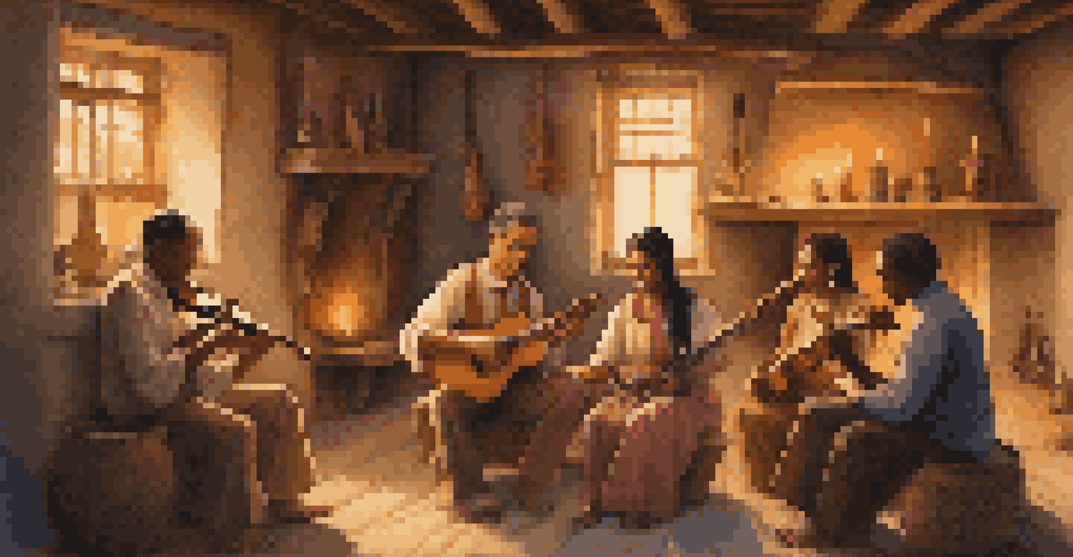 A cozy room with musicians playing traditional instruments, creating a warm and serene atmosphere filled with cultural heritage.