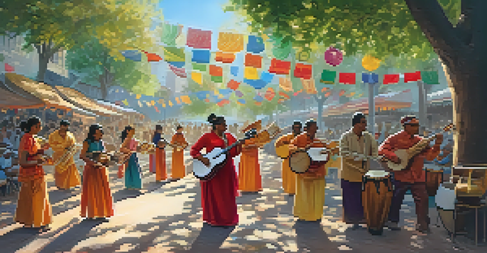 A lively street festival with diverse musicians playing traditional instruments under sunlight, surrounded by colorful banners.