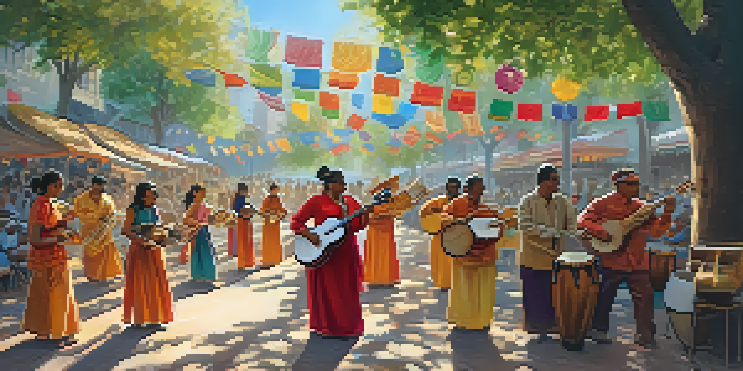 A lively street festival with diverse musicians playing traditional instruments under sunlight, surrounded by colorful banners.