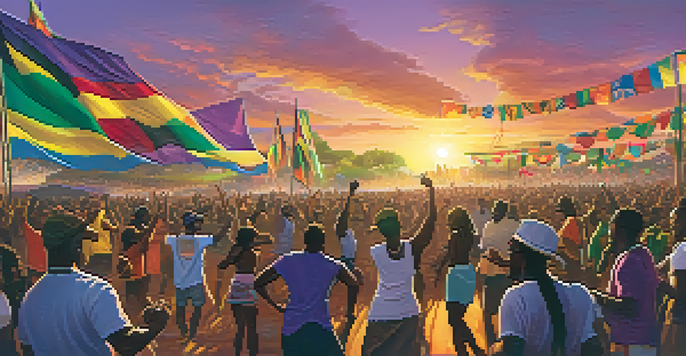 A lively outdoor reggae music festival with diverse attendees dancing, colorful banners, and a sunset backdrop.