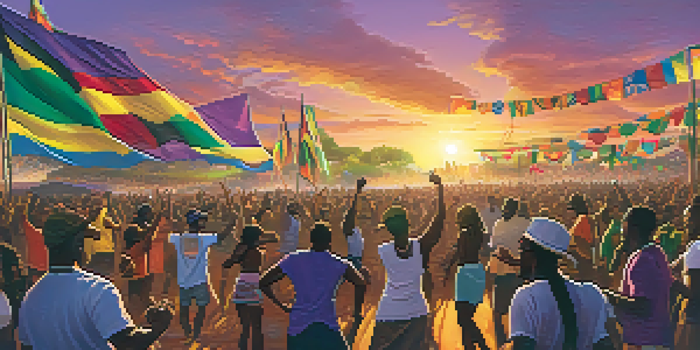 A lively outdoor reggae music festival with diverse attendees dancing, colorful banners, and a sunset backdrop.