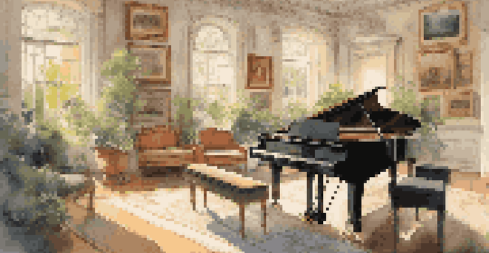 A bright and peaceful music studio with a grand piano, sheet music displaying dynamic markings, and photographs of musicians on the walls.