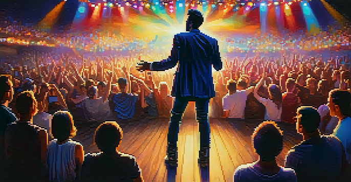 A confident performer on stage, engaging with an enthusiastic audience under bright lights.