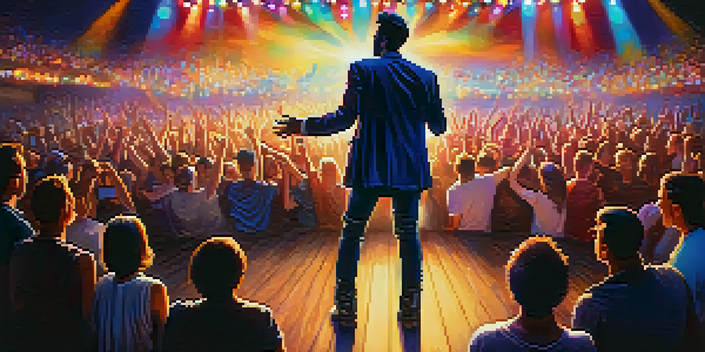 A confident performer on stage, engaging with an enthusiastic audience under bright lights.