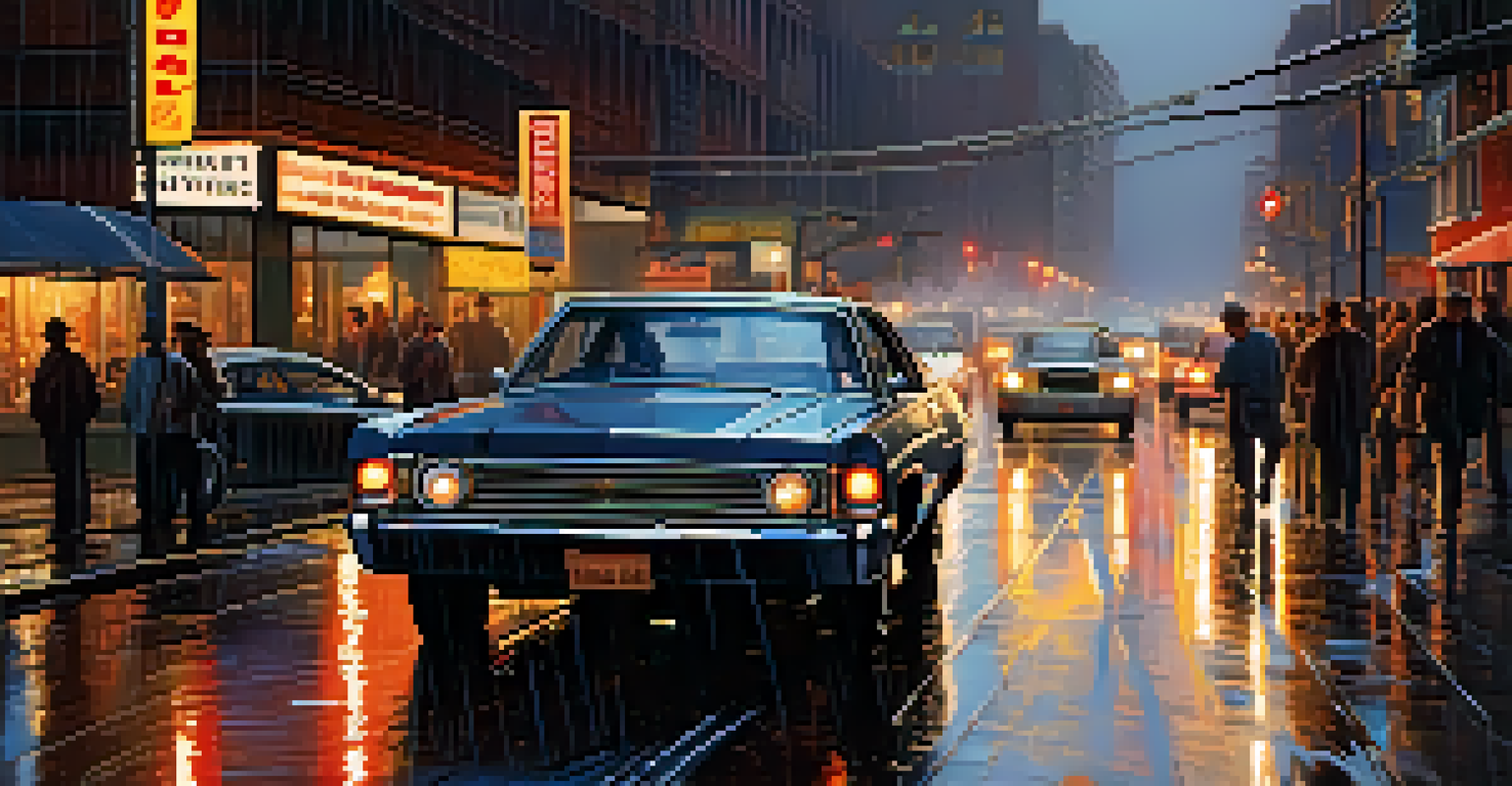 A thrilling night scene of a car stopping abruptly on a wet street, with city lights reflected on the pavement, conveying a sense of urgency and excitement.