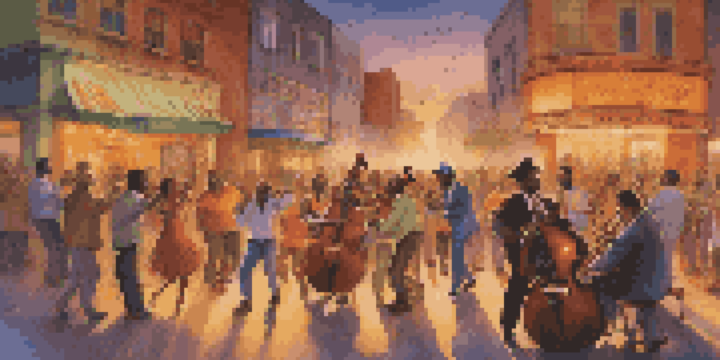 A lively street performance featuring diverse musicians and an engaged audience, set against a colorful mural backdrop.