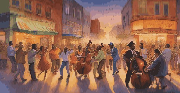 A lively street performance featuring diverse musicians and an engaged audience, set against a colorful mural backdrop.