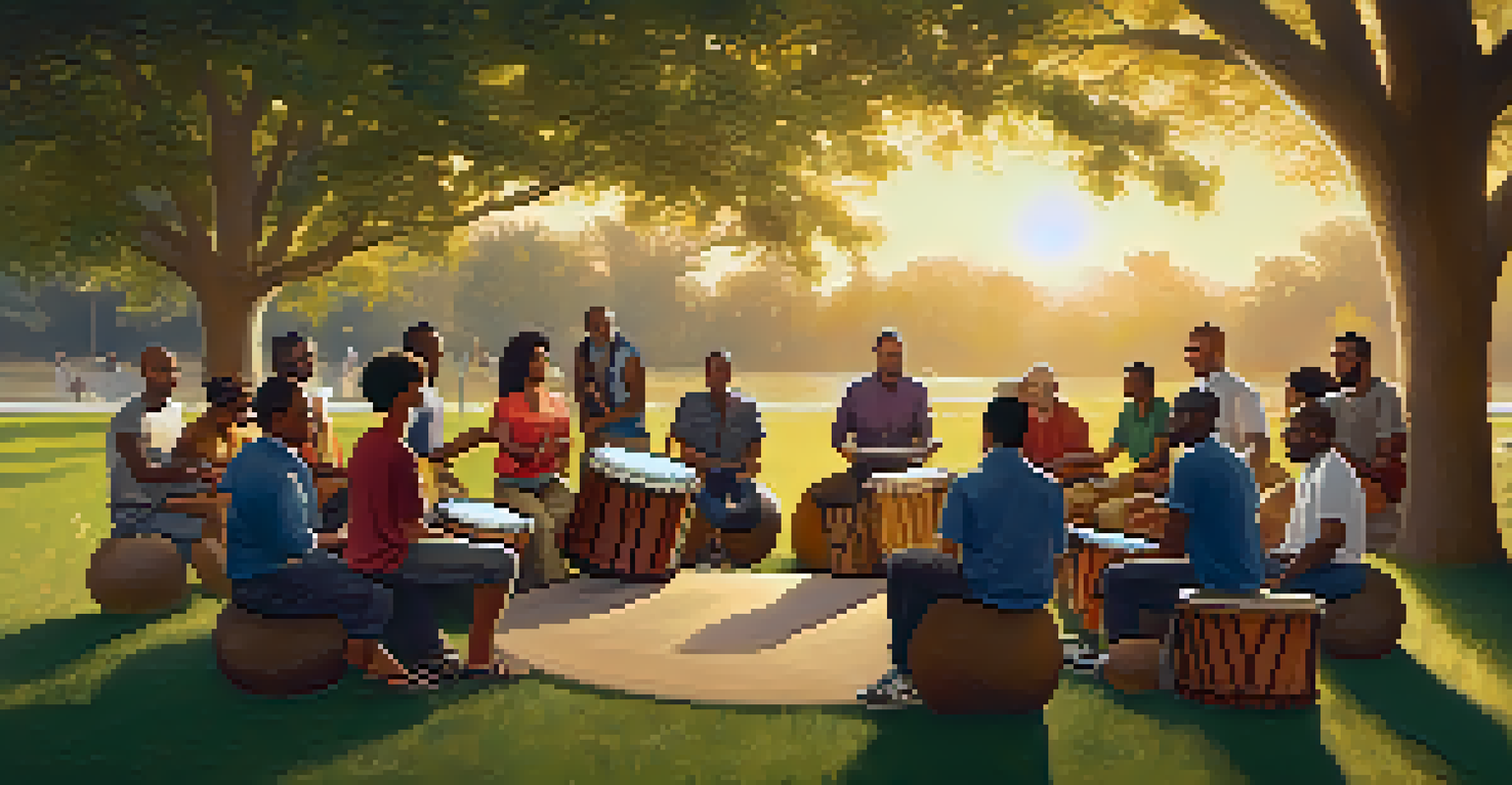 A group of veterans participating in an outdoor drumming circle in a park, enjoying the rhythm and camaraderie under a sunset sky.