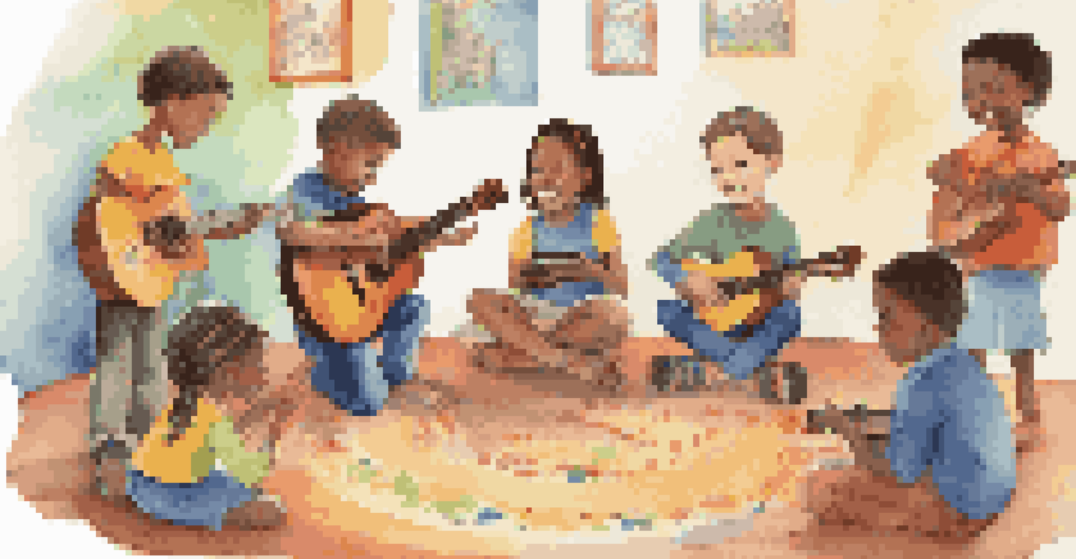Children participating in a music therapy session, playing various instruments in a colorful and bright environment.