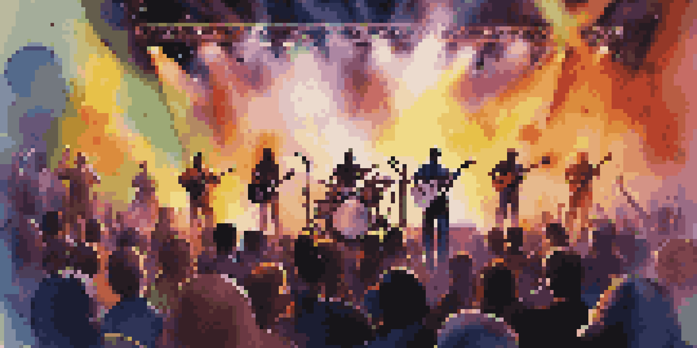 A lively concert with a band on stage, surrounded by speakers and an engaged audience, colorful lights create a dynamic atmosphere.