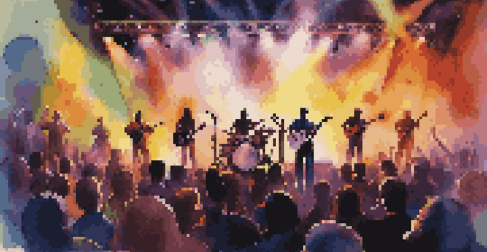 A lively concert with a band on stage, surrounded by speakers and an engaged audience, colorful lights create a dynamic atmosphere.