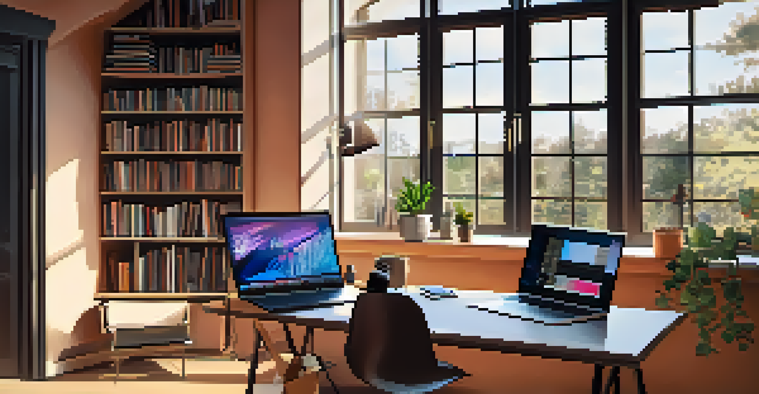 An artist's workspace with a laptop, microphone, and guitar set up for a live streaming event.