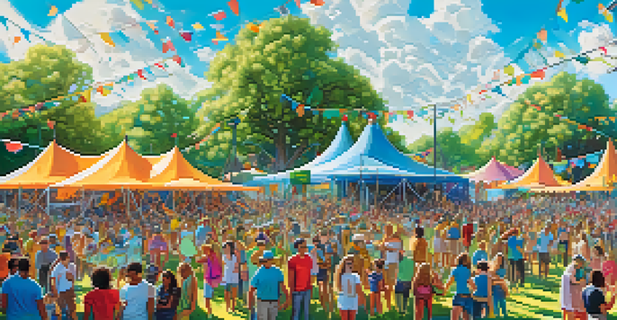 A lively outdoor music festival with colorful tents, a diverse audience, green trees, solar panels, and recycling stations under a clear blue sky.